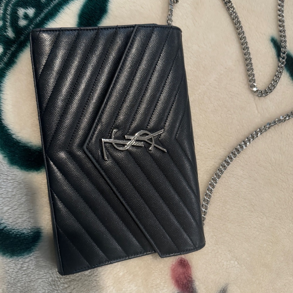YSL Cassandre Chain matelassé textured-leather wallet